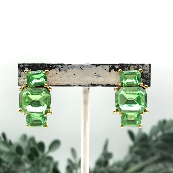 Emerald Cut Green Gemstone Stud Earrings With Gold Plated Setting - Picture 1 of 5